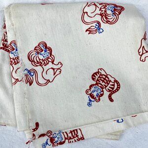 Ivory Linen Red Flocked Lions & Tiger Fabric